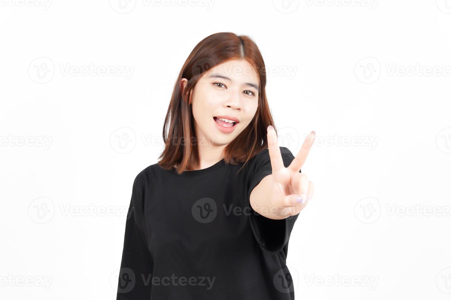 Showing Peace Sign and Smile Of Beautiful Asian Woman Isolated On White Background photo