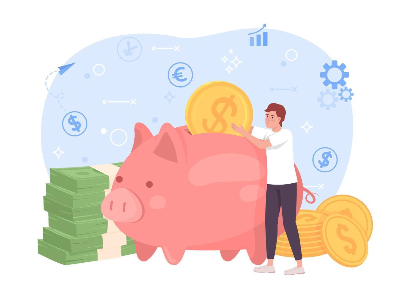 Money savings and investment flat concept vector illustration. Piggy bank. Editable 2D cartoon character on white for web design. Become rich creative idea for website, mobile, presentation