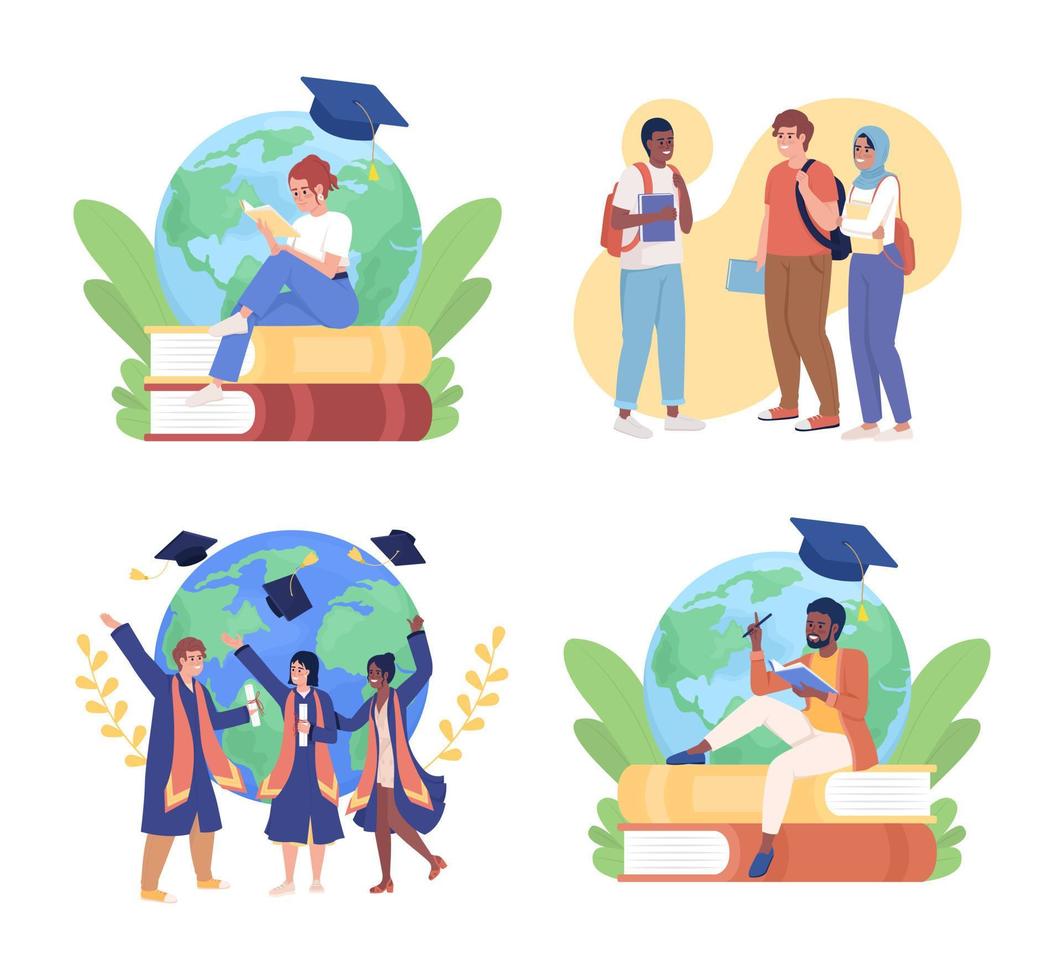 International students flat concept vector illustration set. Foreign education. Editable 2D cartoon characters on white for web design. Graduation creative idea for website, mobile, presentation