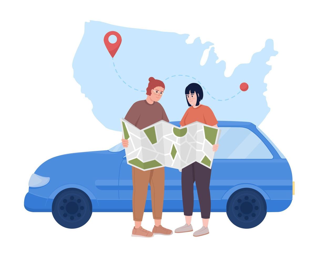 Travelling by car 2D vector isolated illustration. Summer vacation together. Couple with route map flat characters on world map background. Colorful editable scene for mobile, website, presentation