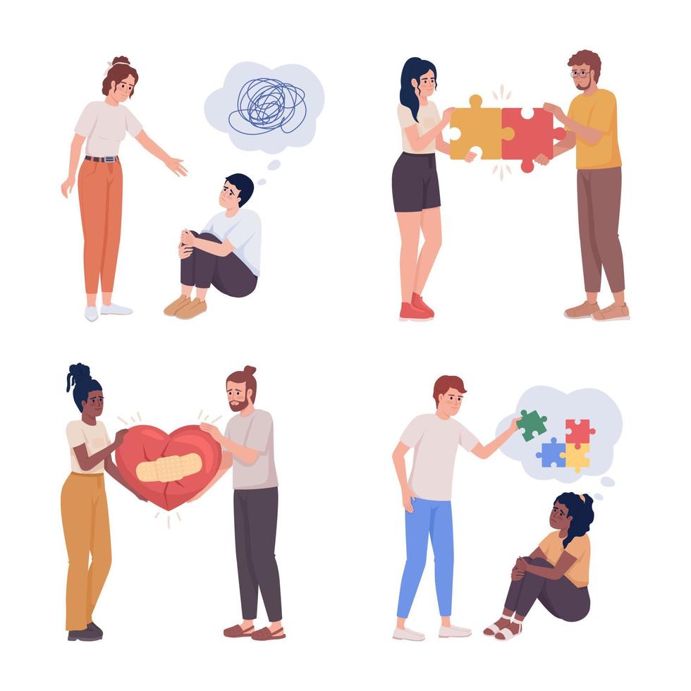 Mental support semi flat color vector characters set. Fix relationship. Editable figures. Full body people on white. Simple cartoon style illustration for web graphic design and animation
