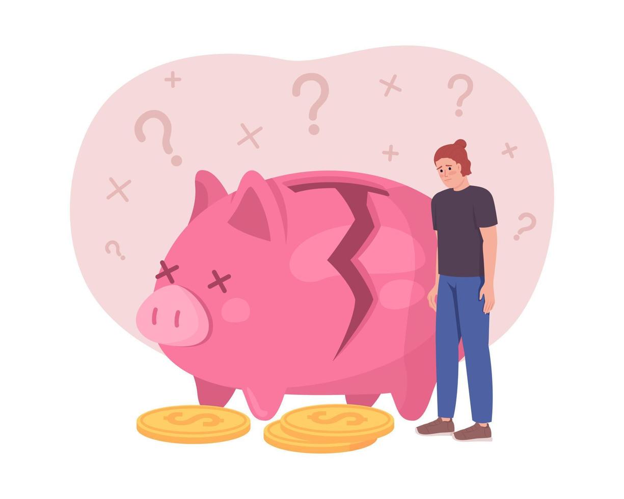 No money flat concept vector illustration. Broken piggy bank. Financial failure. Editable 2D cartoon character on white for web design. Saving problem creative idea for website, mobile, presentation