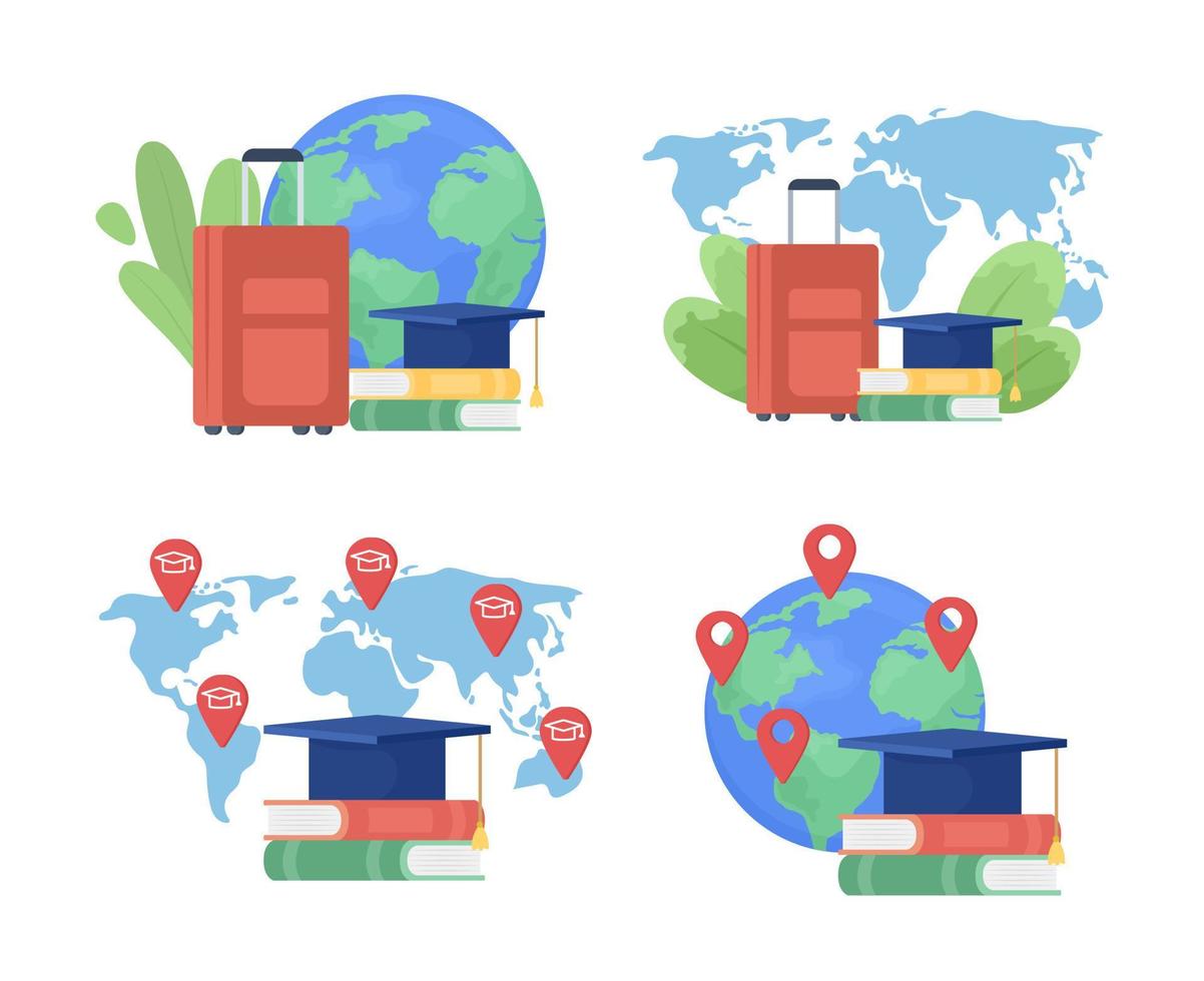 Study abroad destinations flat concept vector illustration set. International education. Editable 2D cartoon objects on white for web design. Creative idea for website, mobile, presentation