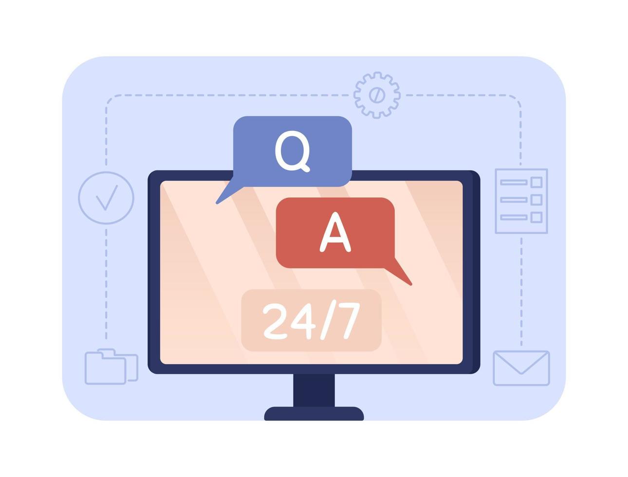 Remote tech support 2D vector isolated illustration. Answer questions. Computer flat object on cartoon background. Colorful editable scene for mobile, website, presentation