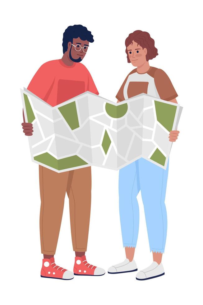 pareja joven con mapa de papel caracteres vectoriales de color semiplano. figura editable. personas de cuerpo completo en blanco. planificación de rutas ilustración de estilo de dibujos animados simple para diseño gráfico web y animación vector