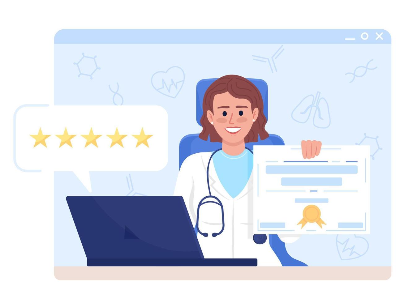 Female doctor reviews flat concept vector illustration. Professional  licenses. Editable 2D cartoon characters on white for web design. Creative  idea for website, mobile, presentation 16928580 Vector Art at Vecteezy