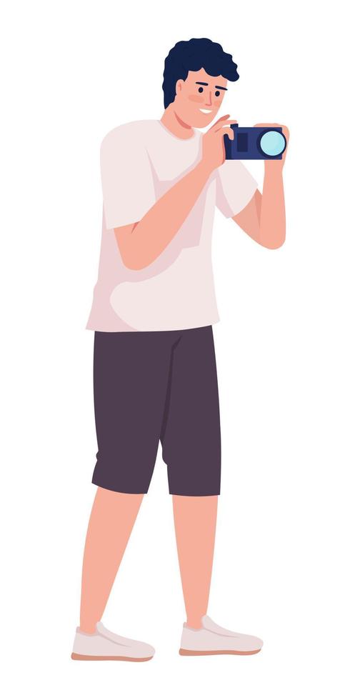 Young tourist taking photos semi flat color vector character. Editable figure. Full body person on white. Personal hobby simple cartoon style illustration for web graphic design and animation