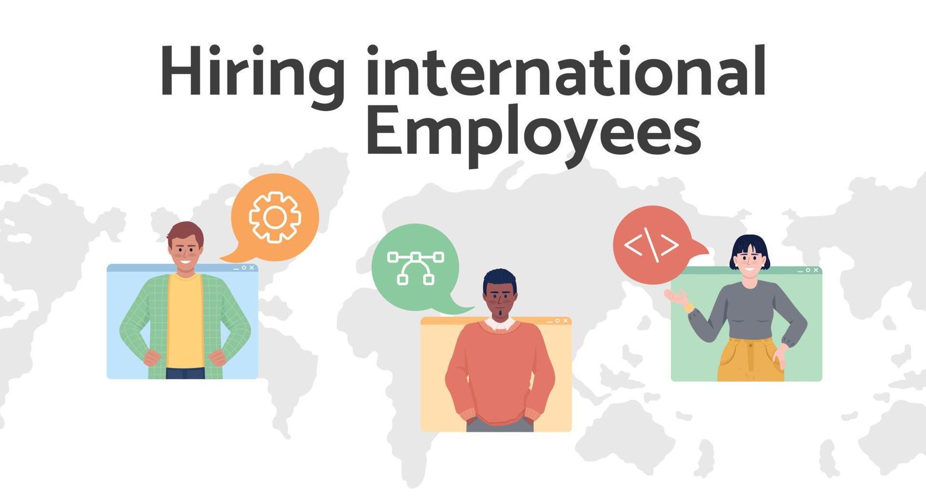 Hiring international employees flat vector banner template. Wideworld skilled team poster, leaflet printable color designs. Editable flyer page with text space