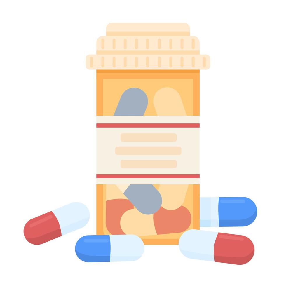 Pills semi flat color vector objects. Editable items. Full size element on white. Drugs and vitamins. Medicines in bottle simple cartoon style illustration for web graphic design and animation