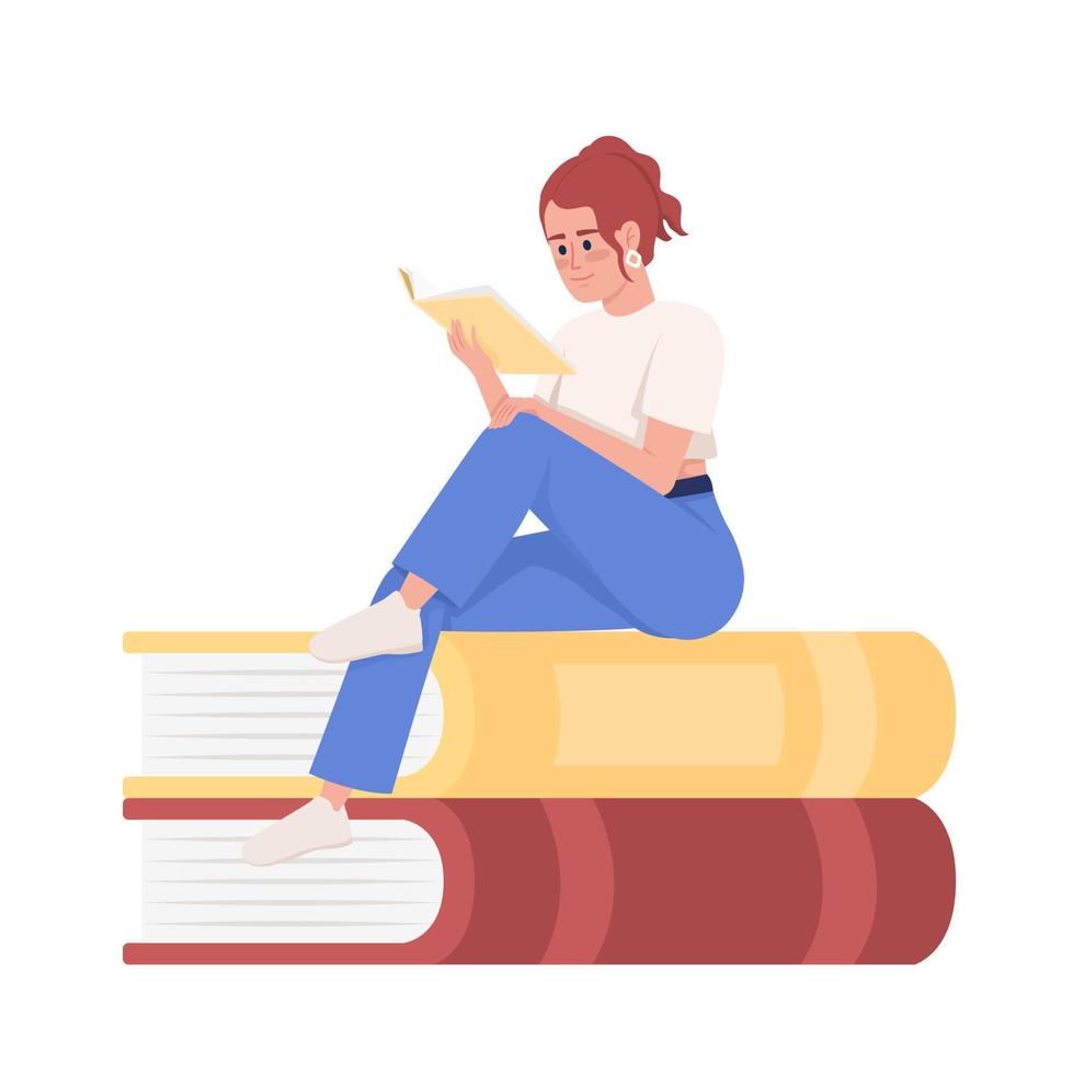 Girl reads book semi flat color vector character. Editable figure. Full body person on white. Self development. Female student simple cartoon style illustration for web graphic design and animation