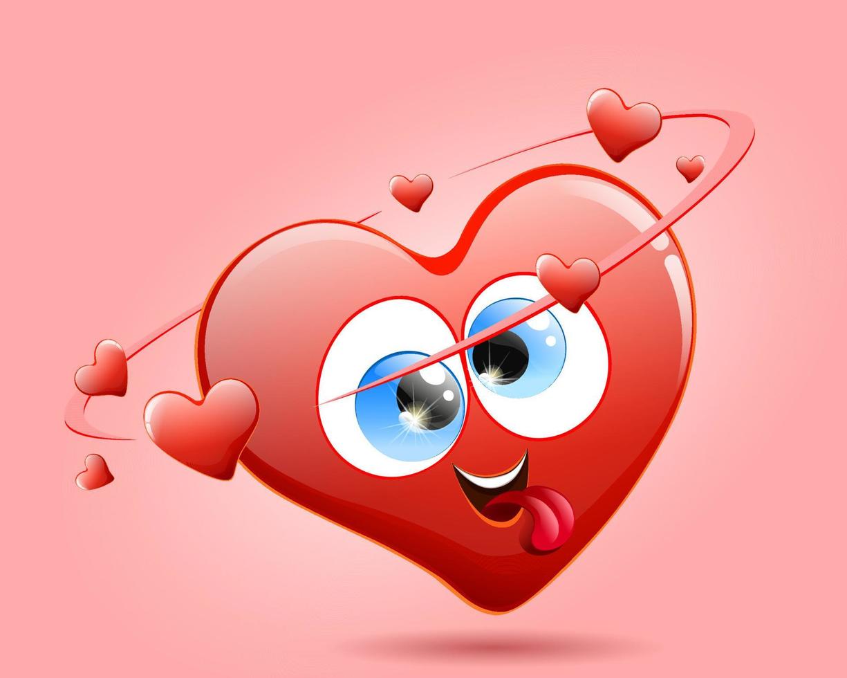 Funny cartoon crazy heart with crossed eyes and little hearts flying around vector