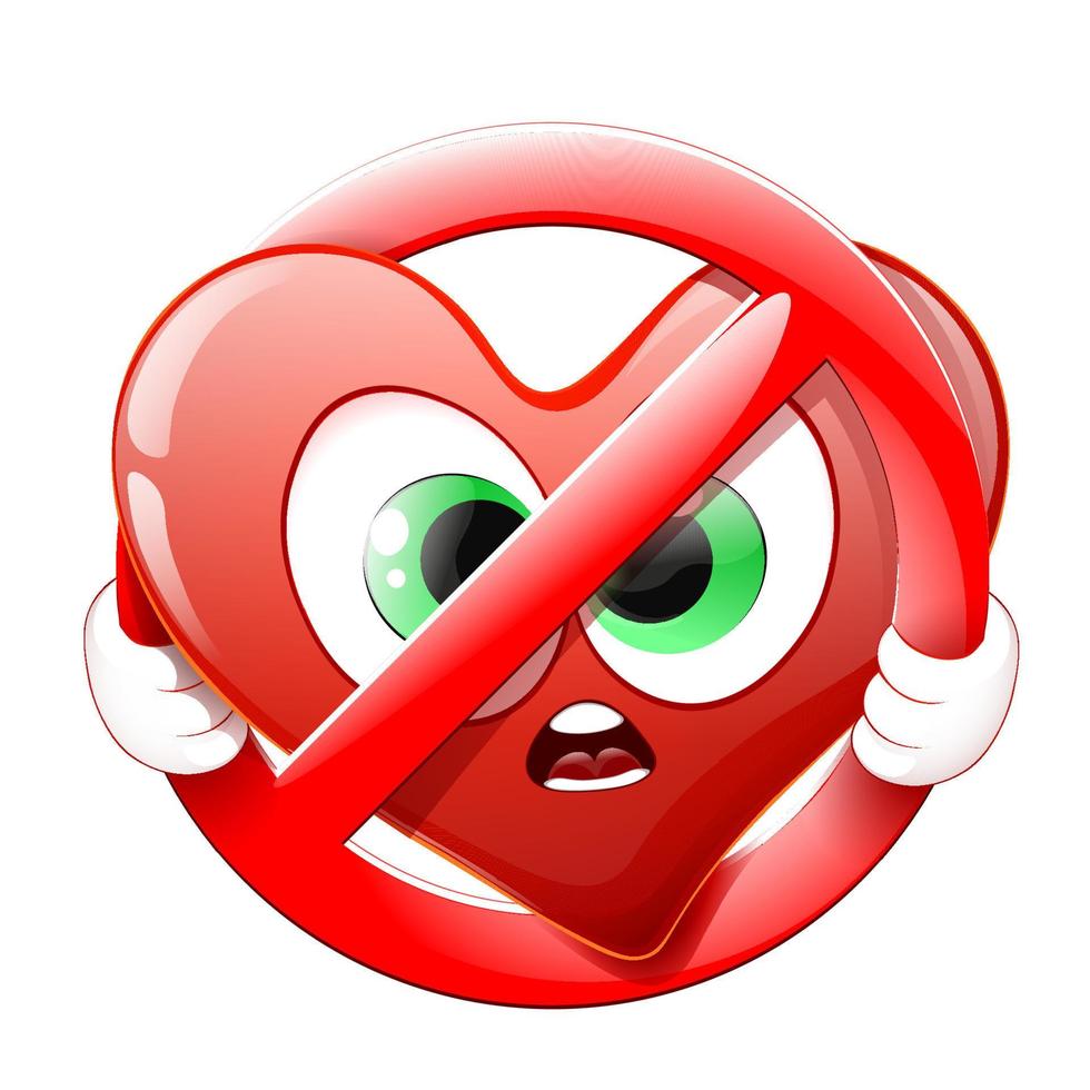 Funny cartoon scared heart in STOP sign. Concept. vector