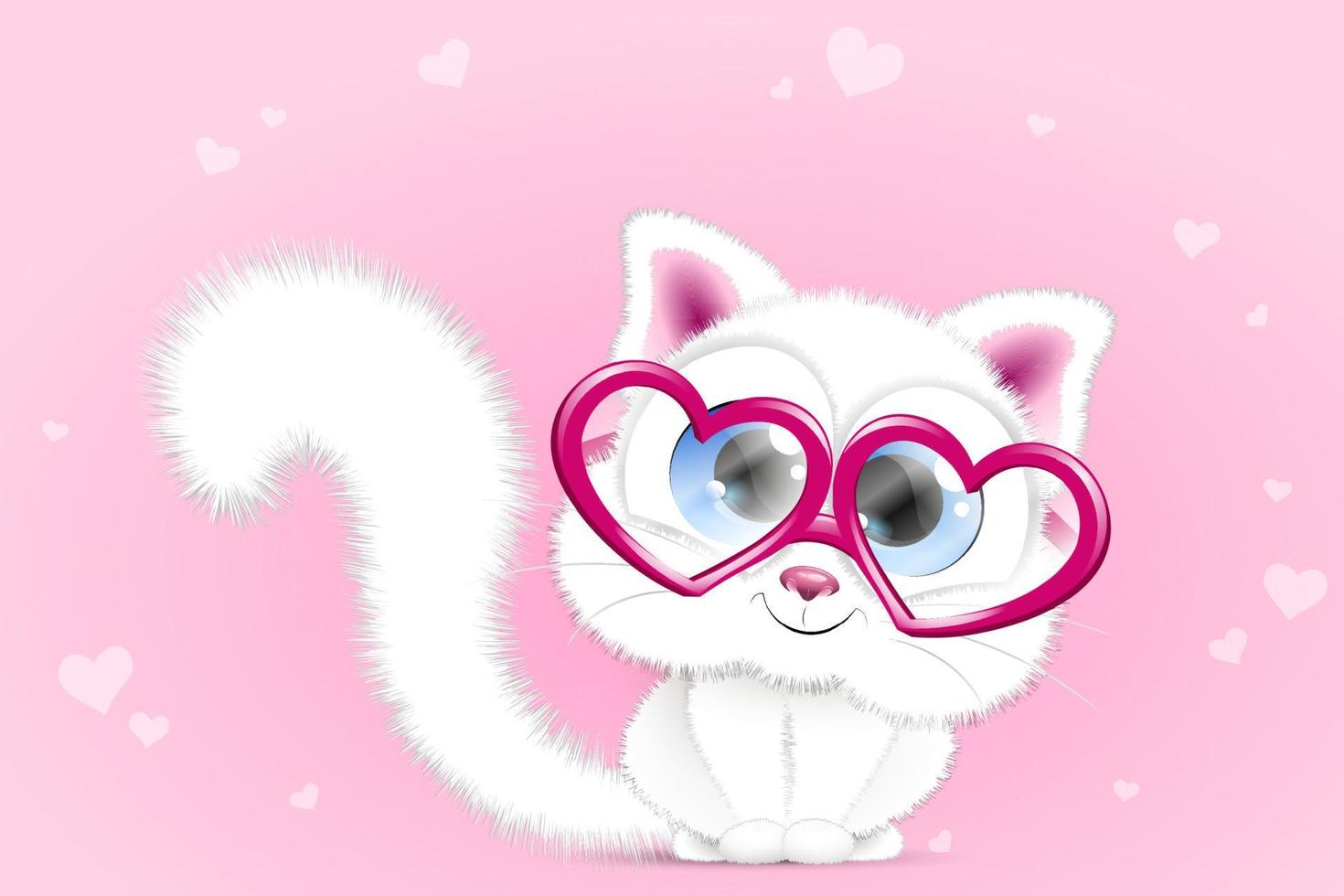 Cute white cartoon cat with pink heart shape eyeglasses. vector