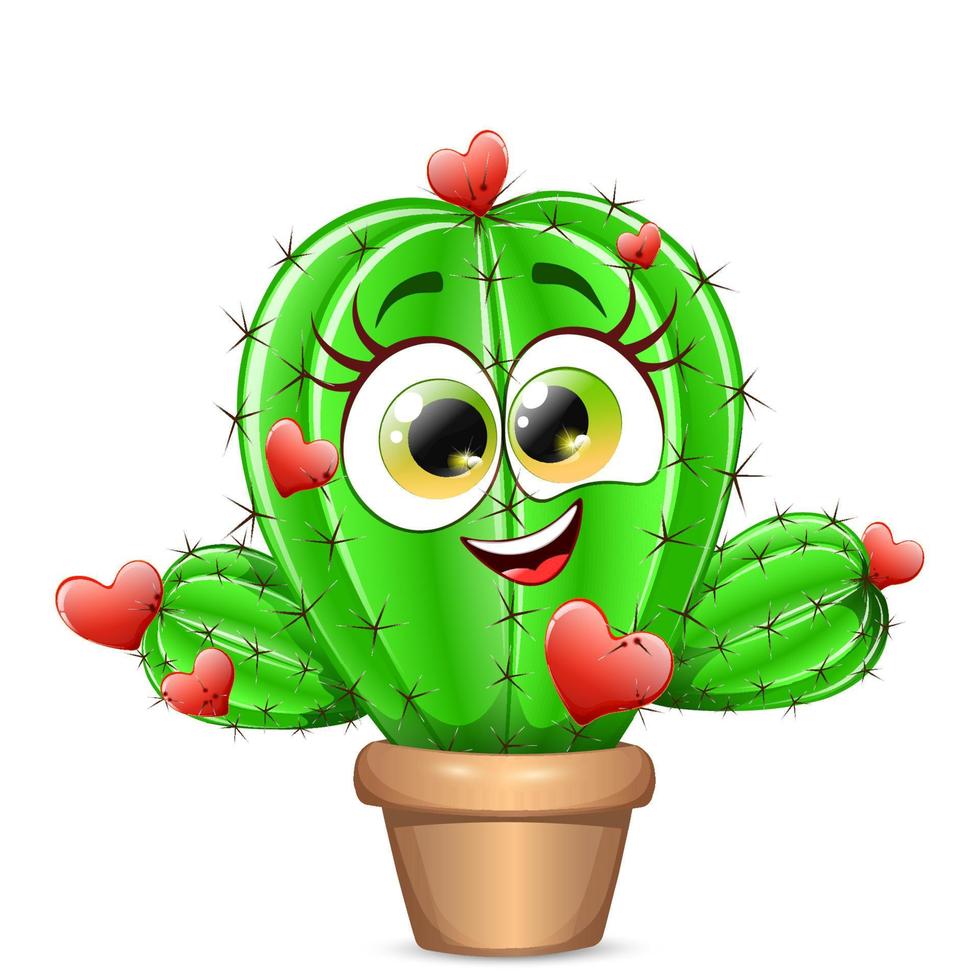 Funny cactus girl character in a pot, decorated with red hearts, stuck in thorns vector
