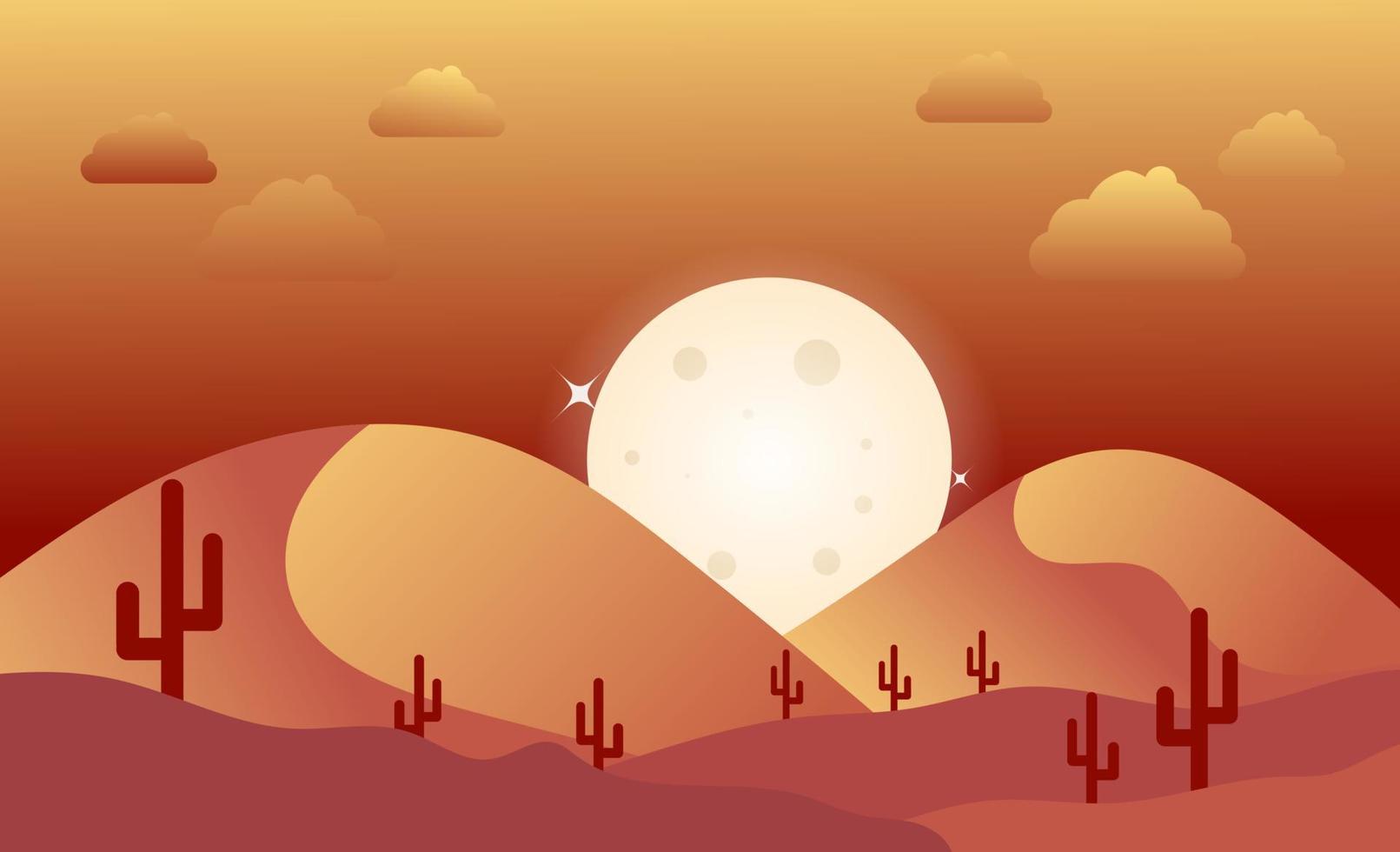 hermoso paisaje de fondo de montaña al atardecer tonos anaranjados claros cactus de montaña e ilustración de luna grande vector