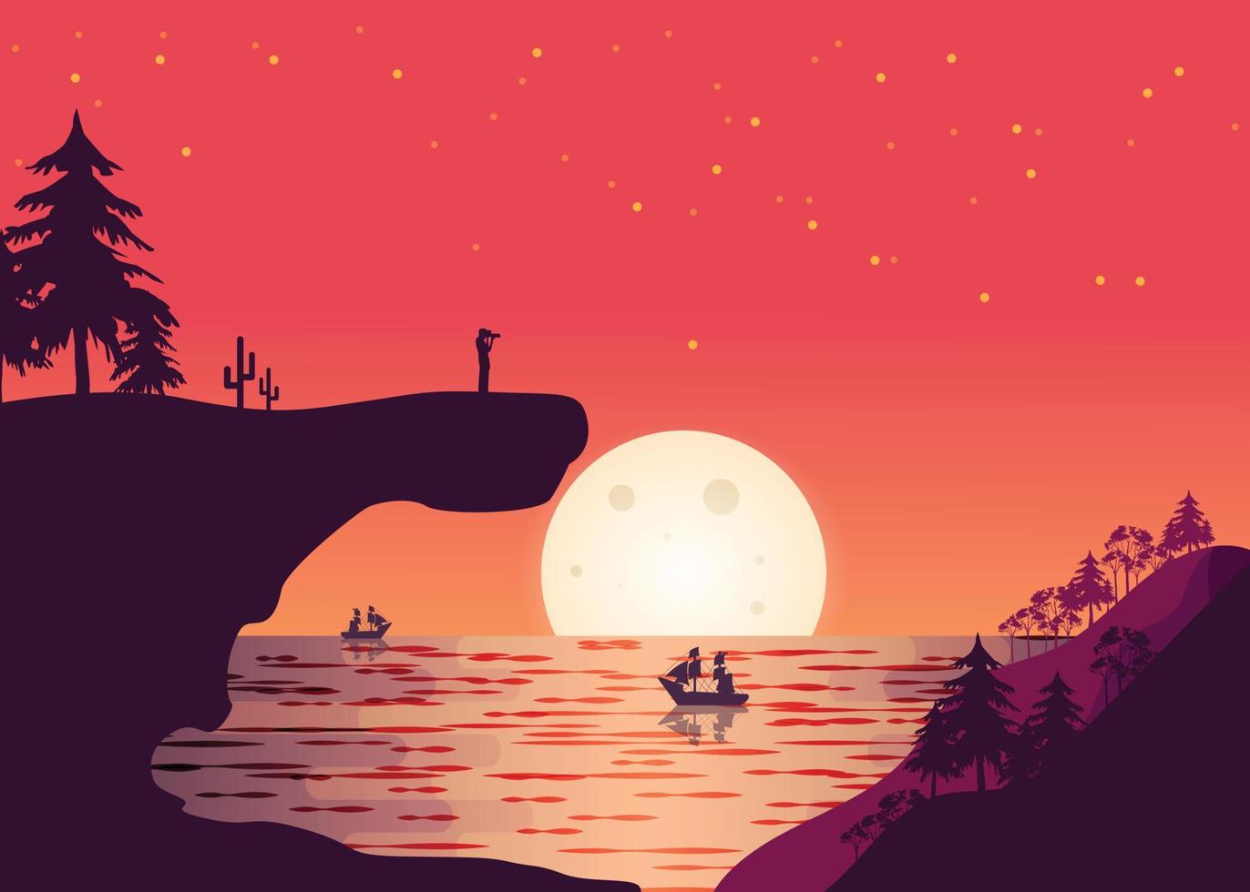 beautiful mountain background landscape in dusk light orange-purple tone Tourists stand and take pictures on the cliff. sailboat sailing on the sea and the big moon illustration vector