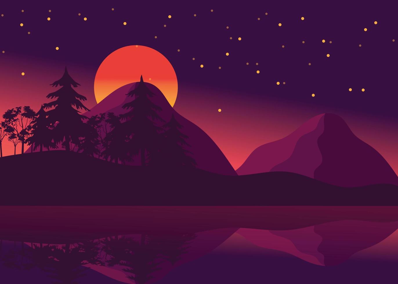 beautiful mountain background landscape during night time with stars and mountain reflections on the river vector