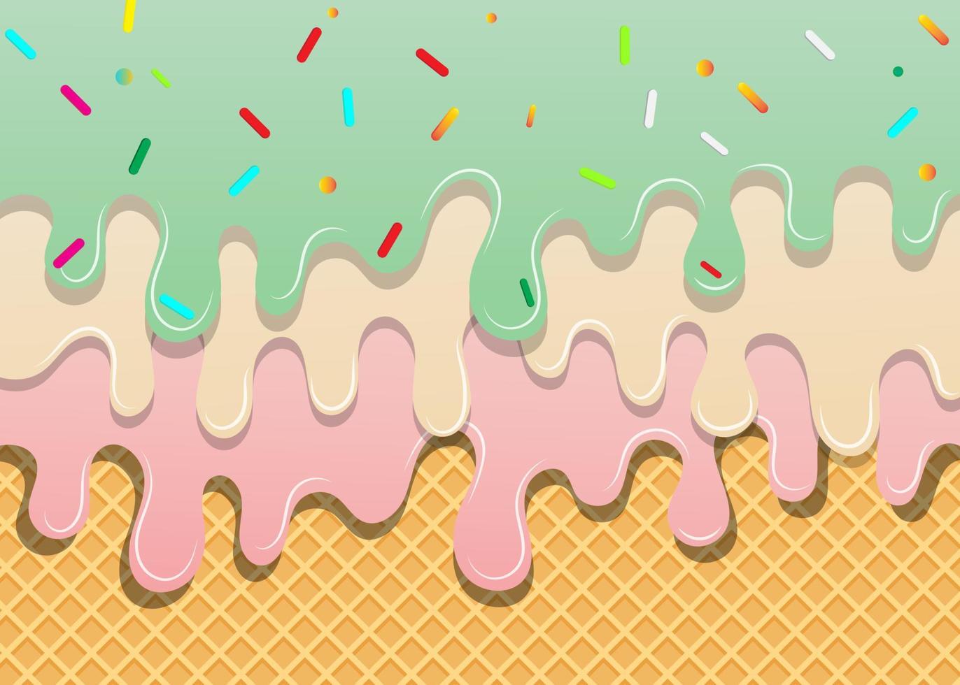 Green tea Ice Cream with Strawberry and Vanilla Melt On Waffle background sweet ice cream background vector