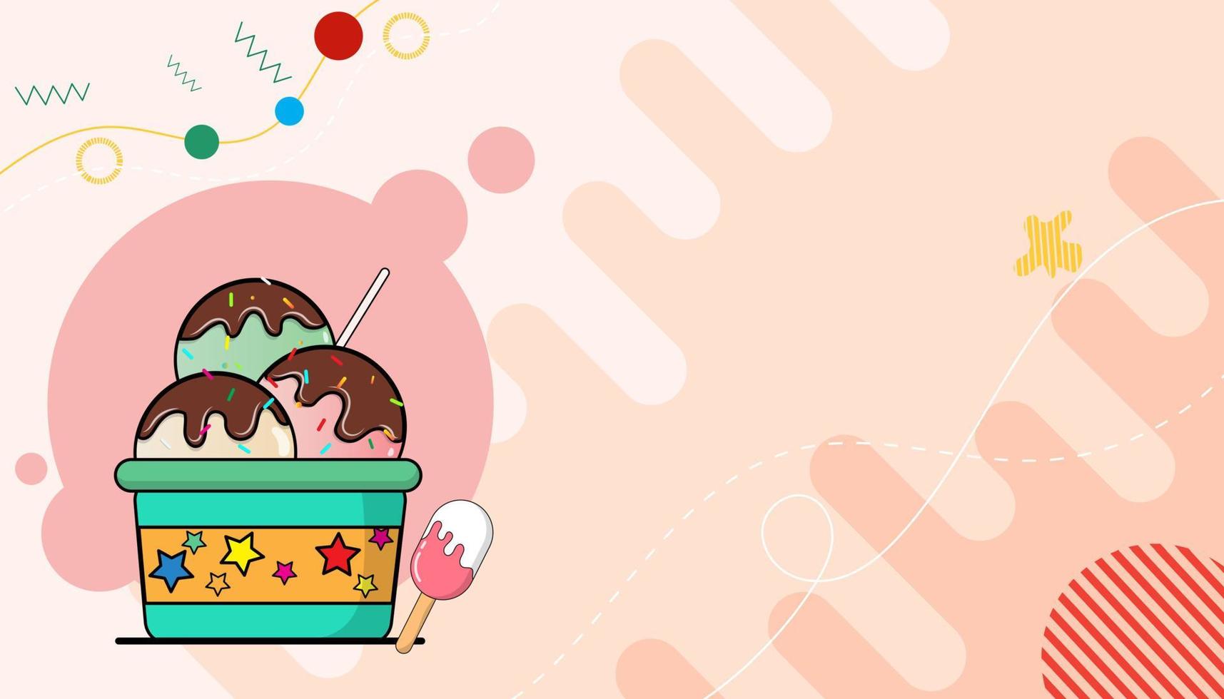 Strawberry, vanilla, melon flavored ice cream topped with chocolate in a cup on a pink background. vector
