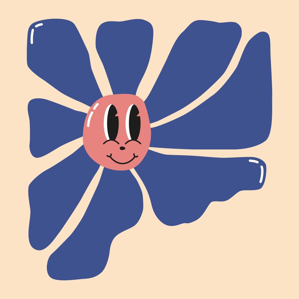 Doodle flower with cartoon funny smiling face, daisy retro character. Cute floral happy emotion. Childish logo design with daisies vector. Illustration of smile flower vector