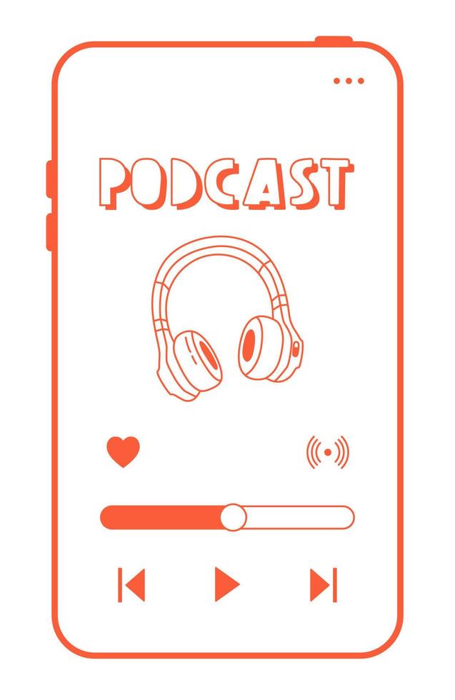 auriculares, micrófono, iconos de aire en la pantalla del teléfono. Grabación y escucha de podcasts, radiodifusión, radio en línea, concepto de servicio de transmisión de audio. Ilustraciones de vectores dibujados a mano