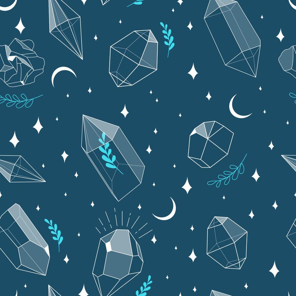 Crystal gems outline pattern. Magic shiny crystal concept. Modern vector illustration. Transparent line art gems with leaves and stars. Minimalistic design for web.