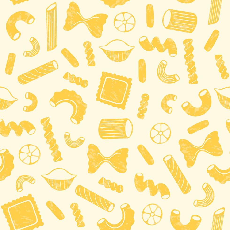 patrón sin costuras de pasta italiana. diferentes tipos de pasta italiana. spaghetti, farfalle, penne, rigatoni, ravioli, fusilli, conchiglie, codos, rotelle, orzo, paccheri ilustración. vector