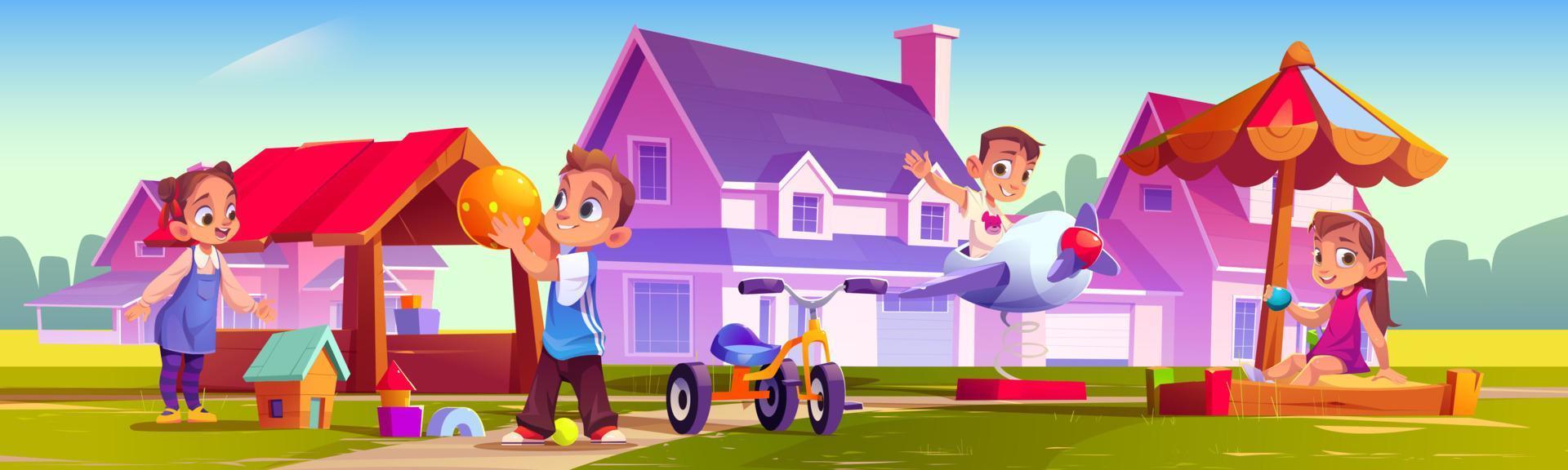 Children playing at house yard, summer recreation 16929190 Vector Art