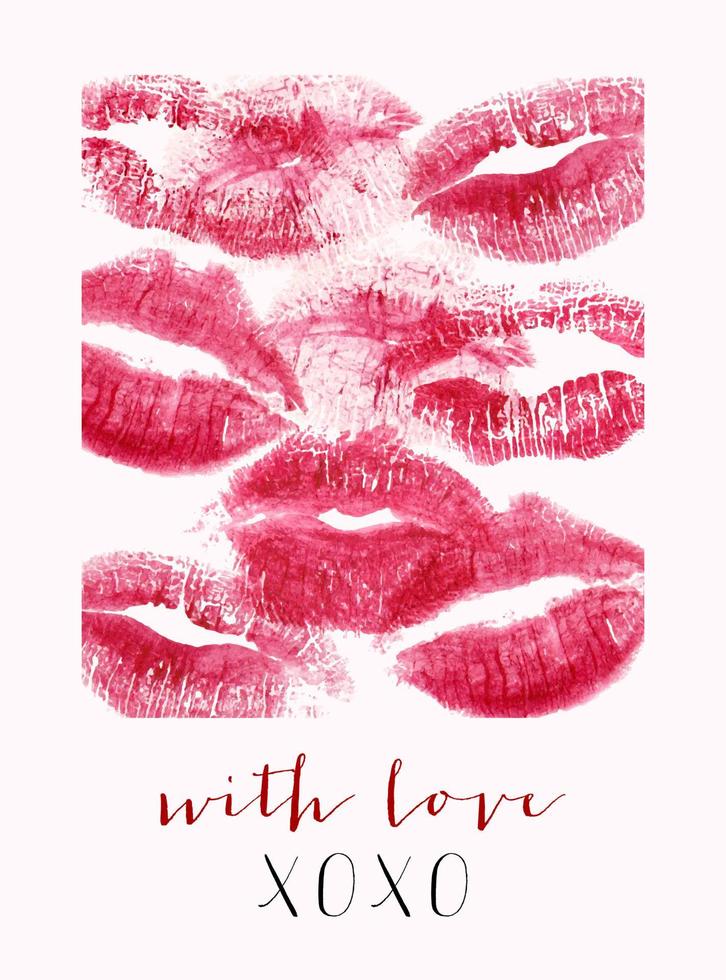 estampado romántico con labios y texto. impresión de lápiz labial realista aislada en blanco. postal moderna para ocasiones románticas. diseño vectorial de moda para el día de san valentín o la boda. vector