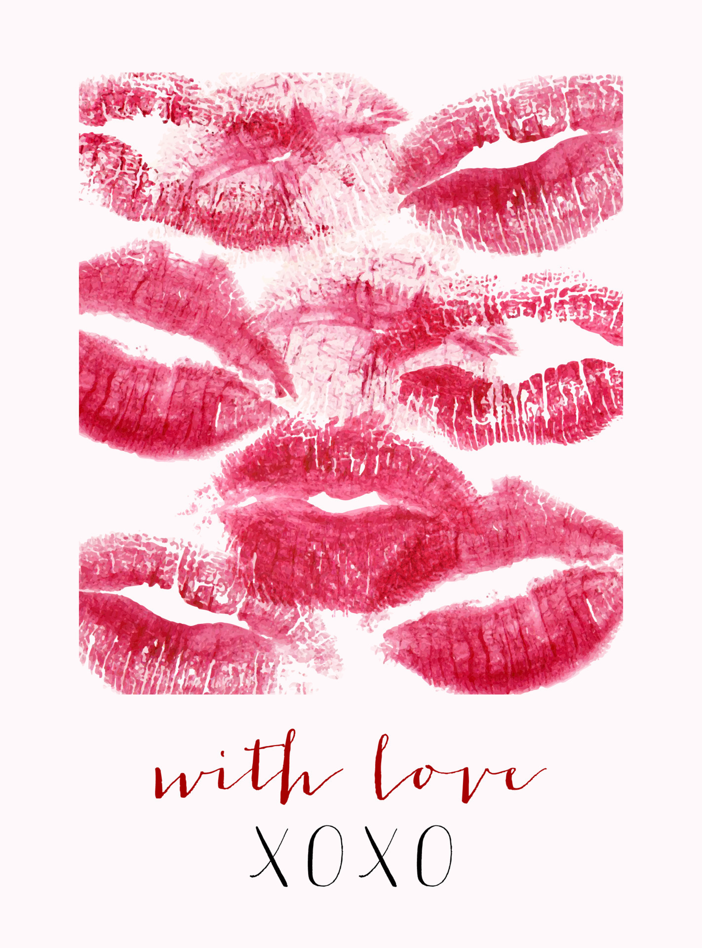 Romantic print with lips and text. Realistic lipstick print isolated on