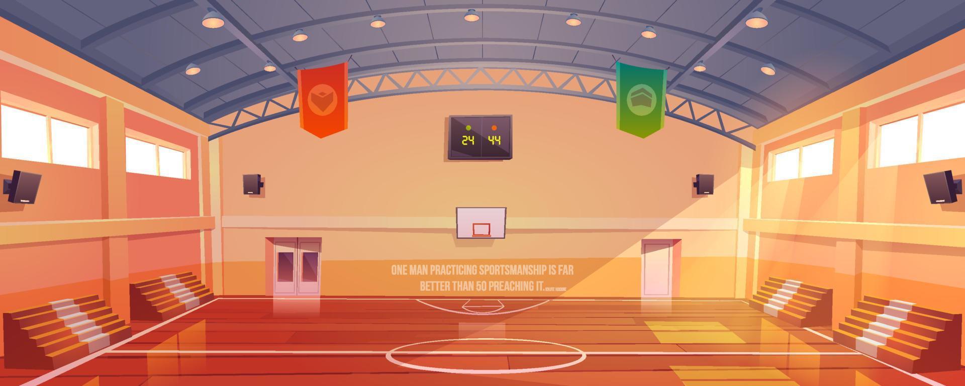 Basketball court with hoop, tribune and scoreboard vector