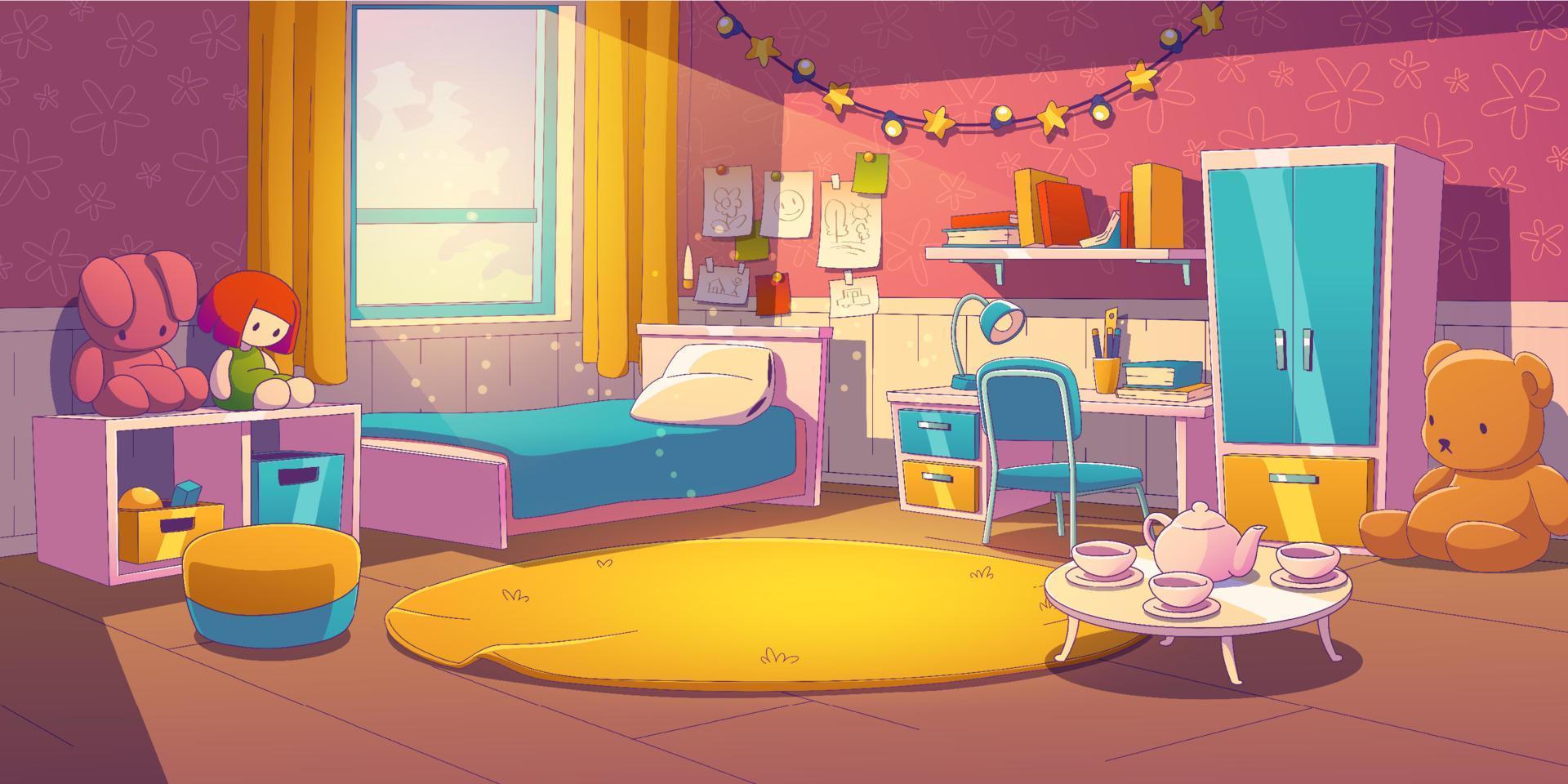 Girl bedroom with bed, toys, table and wardrobe vector