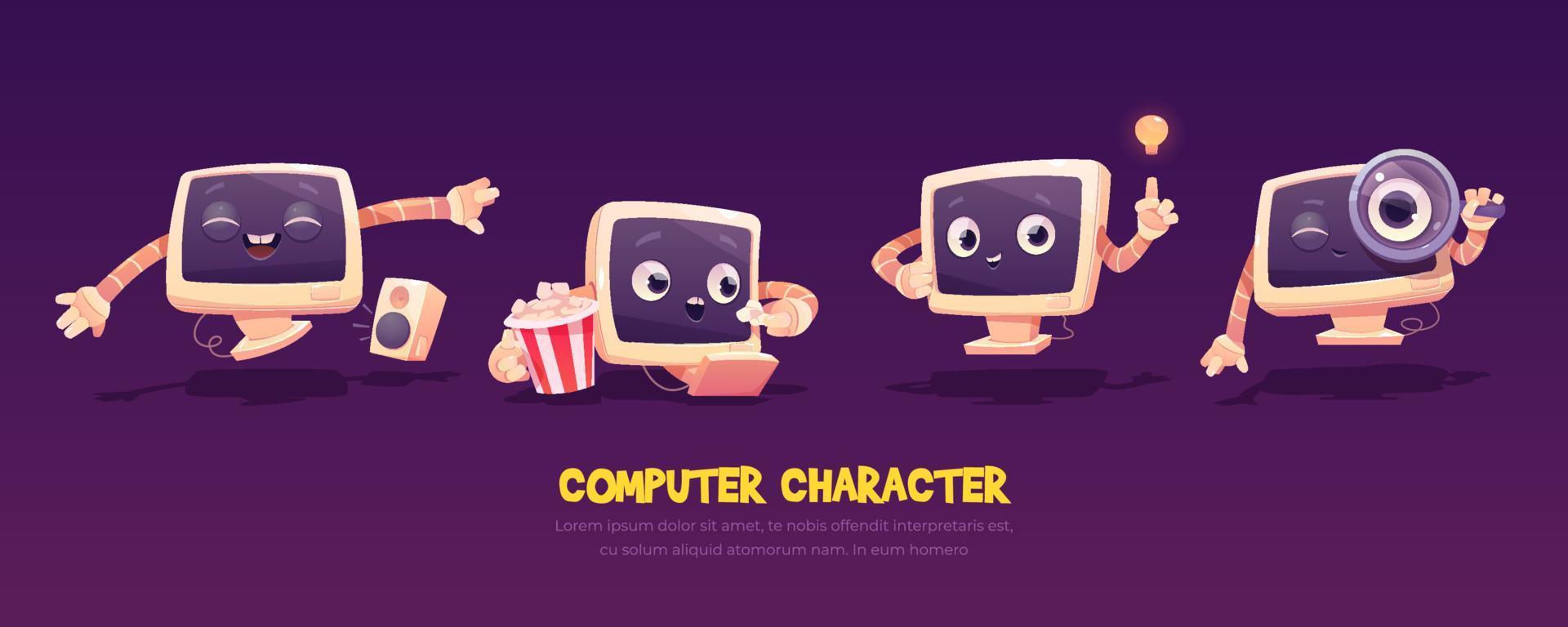 Cartoon computer character set. Cute pc desktop vector