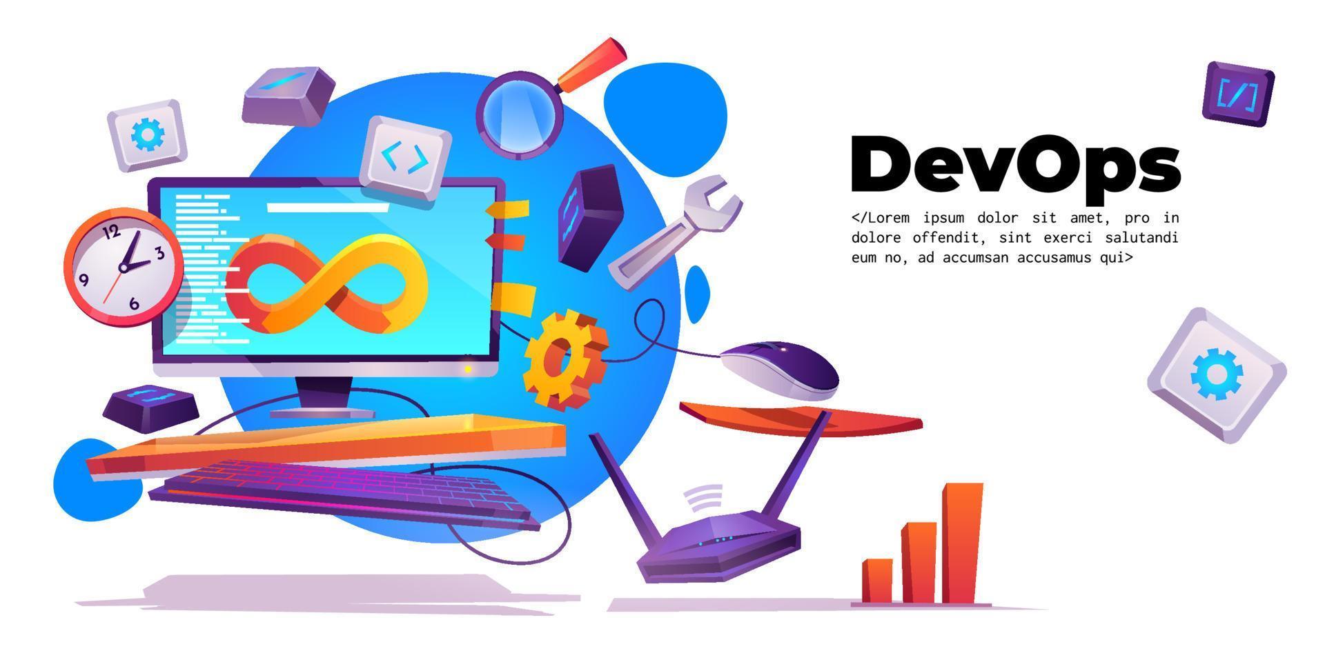 banner de operaciones de desarrollo, concepto devops vector