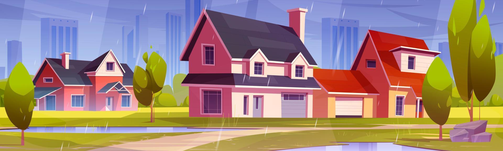 Rain at suburban district with cottage houses vector