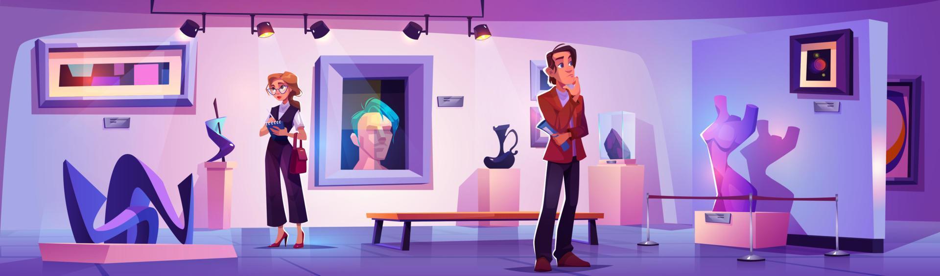 People visit museum with modern art exhibition vector