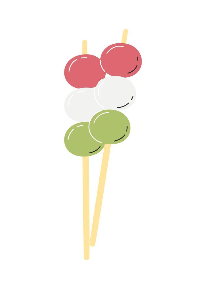 Hanami dango chopsticks isolated on white background. Japanese sweet three color dumplings. Popular oriental rice buns. Tricolor mitarashi classic dessert. Bocchan hand drawn flat vector illustration