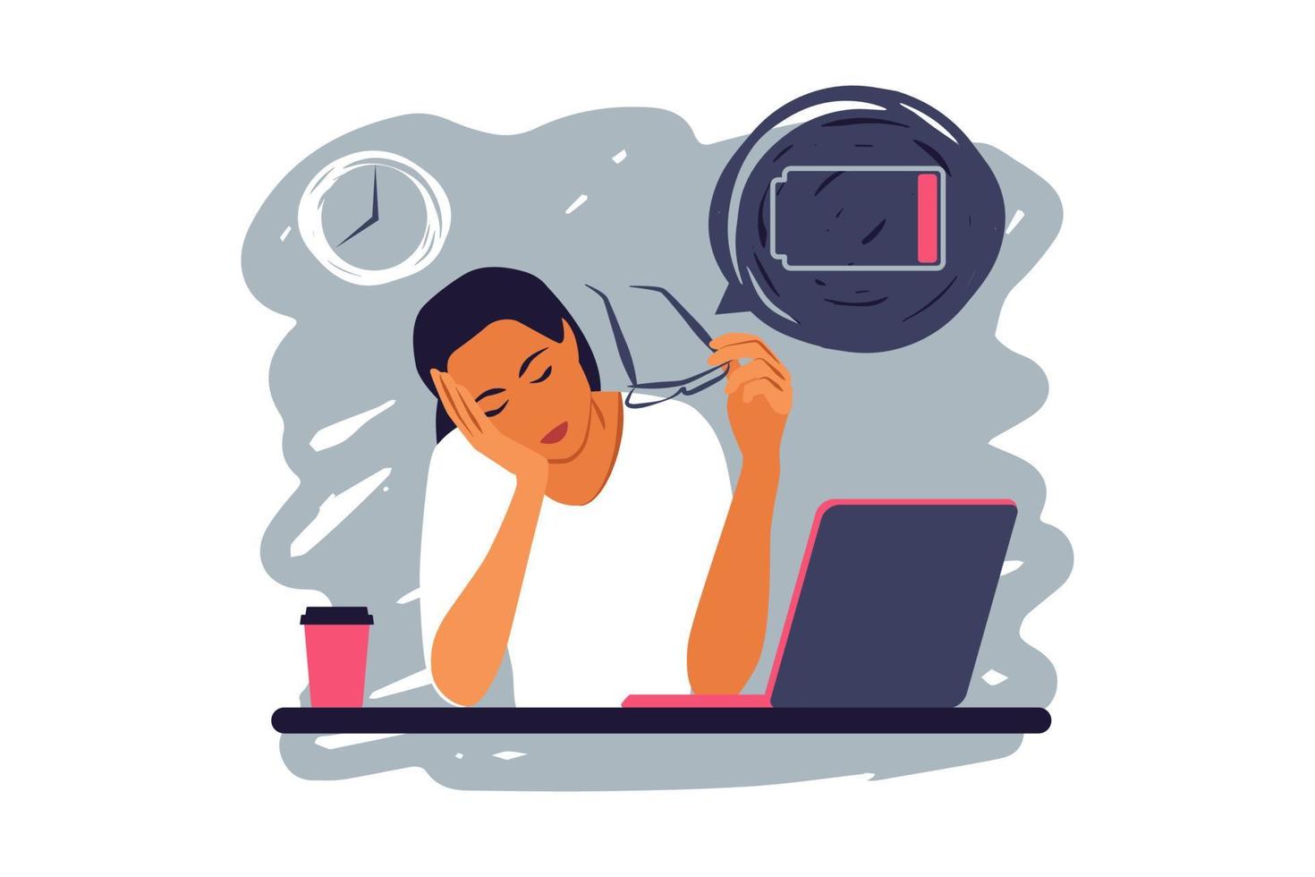 Professional burnout syndrome. Tired female manager in office sitting at the laptop. Long work day concept. Vector illustration.