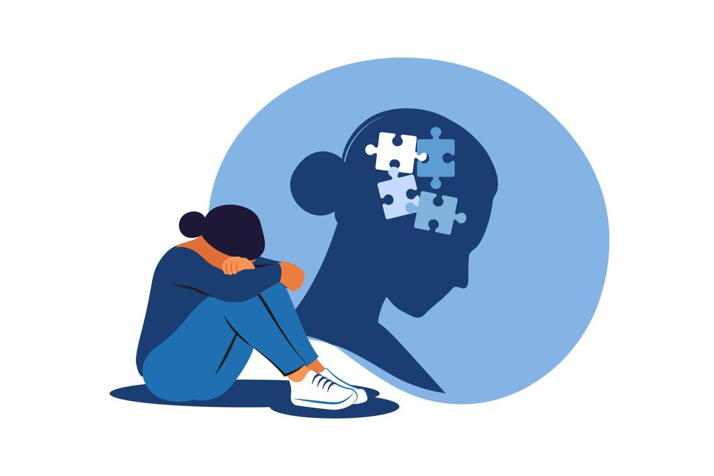 Depressed female sitting on the floor and holding their knees. Concept irritation, anger, depression, anxiety, mental disorders. Vector illustration.