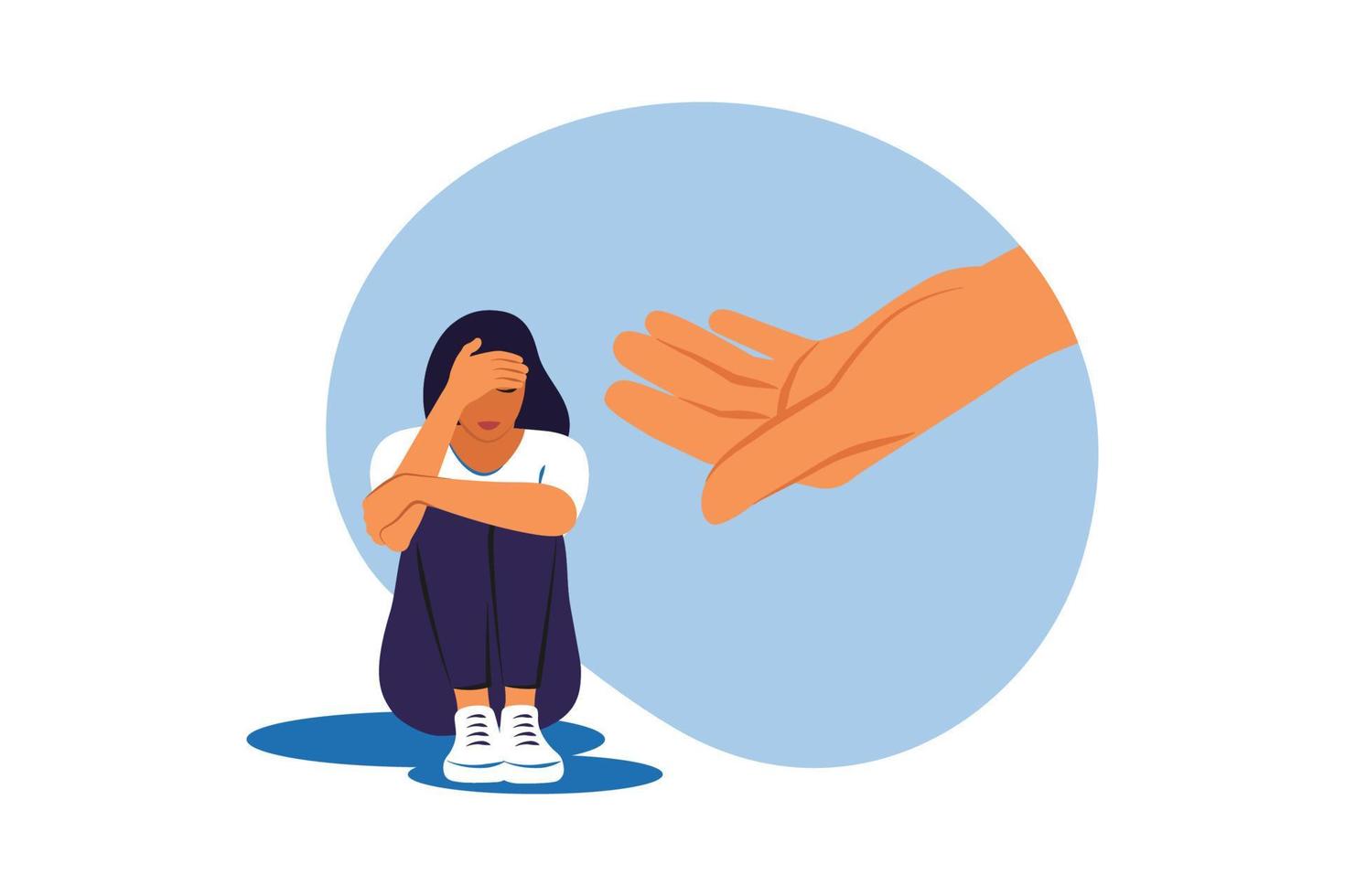 Human hand helps depression girl hugging knees. Psychotherapy, counseling and psychological support concept. Vector illustration.