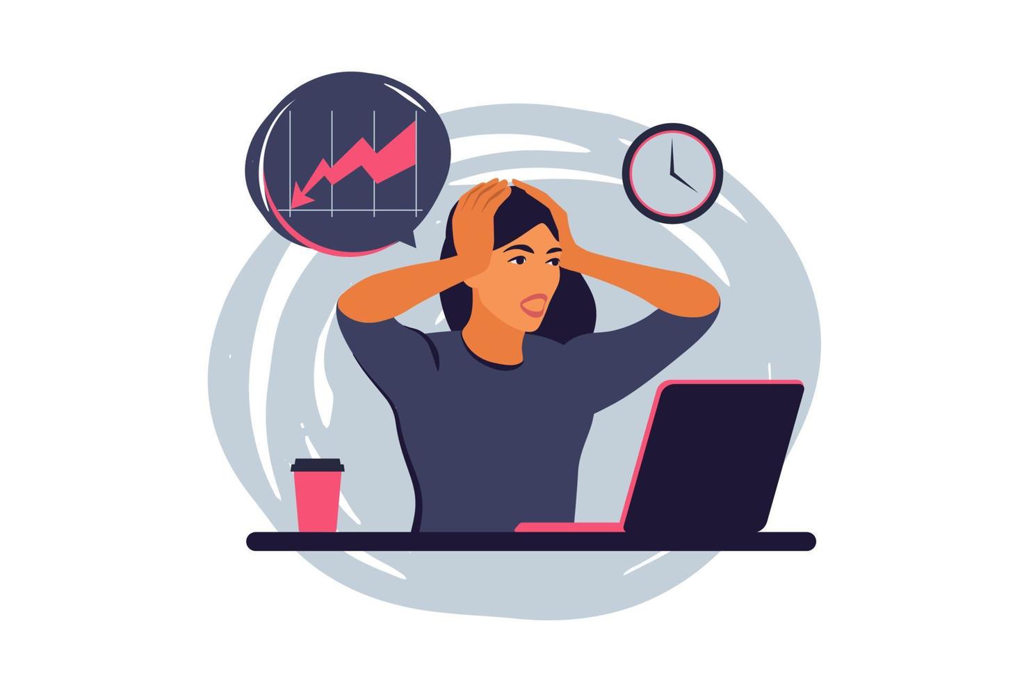 mujer trabajadora de oficina exhausta cansada de la gran cantidad de trabajo. fecha límite, estrés, depresión en el trabajo. concepto de agotamiento en el lugar de trabajo. ilustración vectorial vector