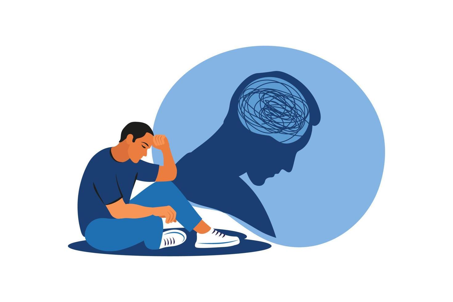 Depressed man sitting on floor. Mental health concept. Depression, bipolar disorder, obsessive compulsive, post traumatic stress disorder. Vector illustration.