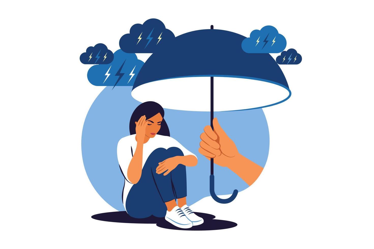 Supporting depressed crying woman under stress. Psychotherapy and mental issues. Support and aid for people under stress and depression concept. Vector illustration.