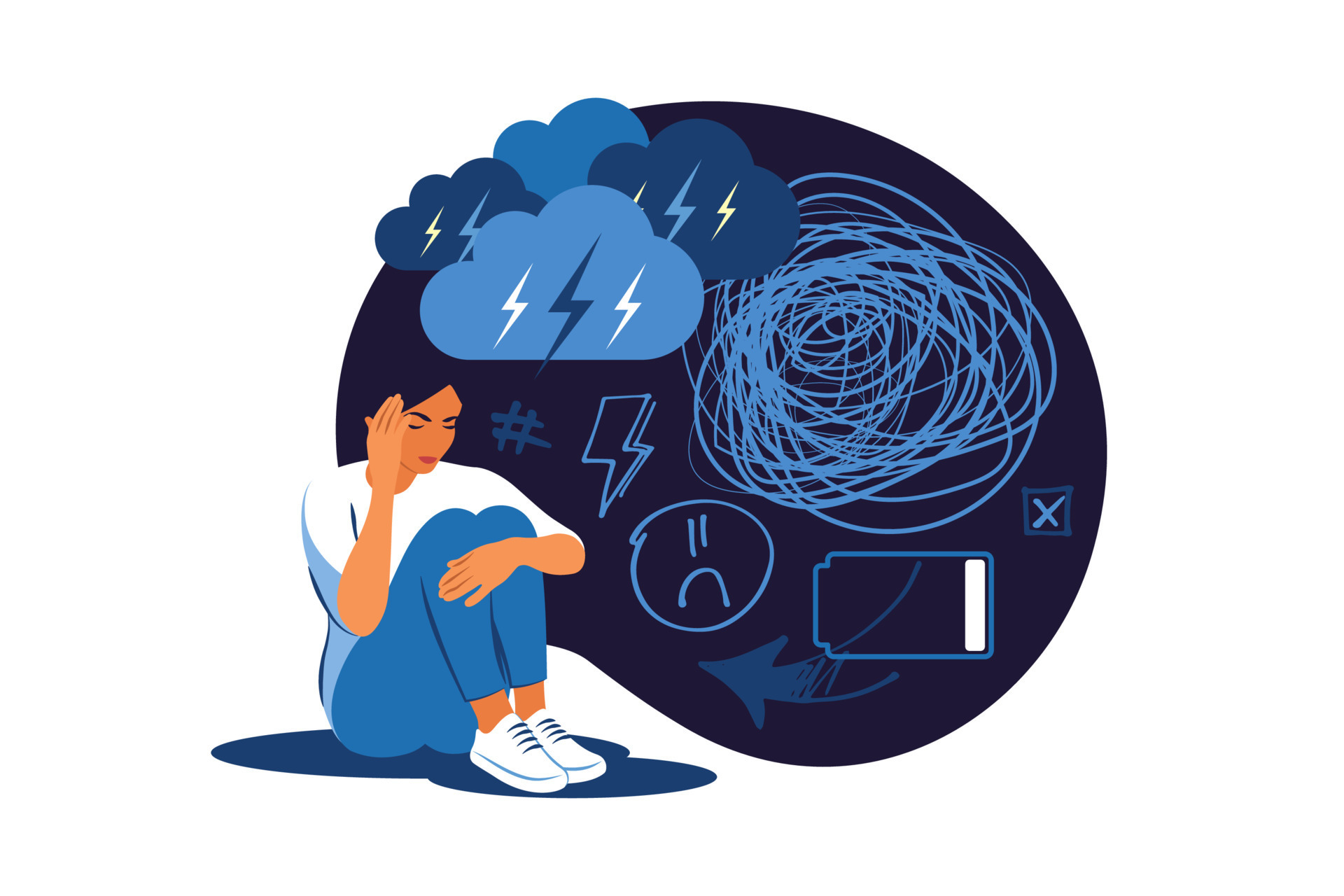 Psychology, solitude, fear and mental health problems concept. Mood  changes. PMS symptoms anxiety or panic attack. Vector illustration.  16929682 Vector Art at Vecteezy