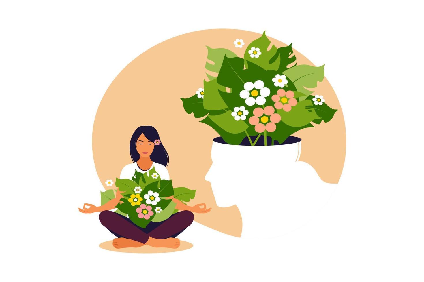 Woman sits on the floor and meditates with closed eyes. Concept of love yourself and a healthy lifestyle. Girl makes yoga, relaxes at home or breathing exercises. Vector illustration.