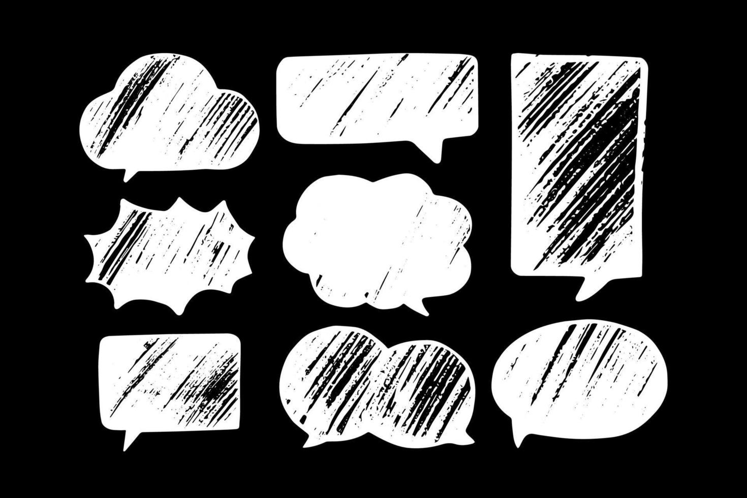 Hand drawn thought and empty speech bubbles. Set of text balloons on black baground. Vector illustration.