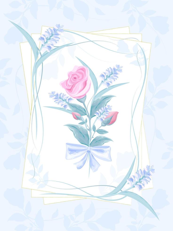 Vintage greeting card with blooming flower buds. Bouquet of roses, wildflowers with a blue bow in the center of the card. Located in a frame on a decorated background of transparent leaves vector