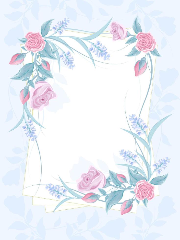 Greeting illustration decorated with rose flowers, delicate wildflowers. For a wedding, Valentine's day, birthday or the design of an invitation card vector