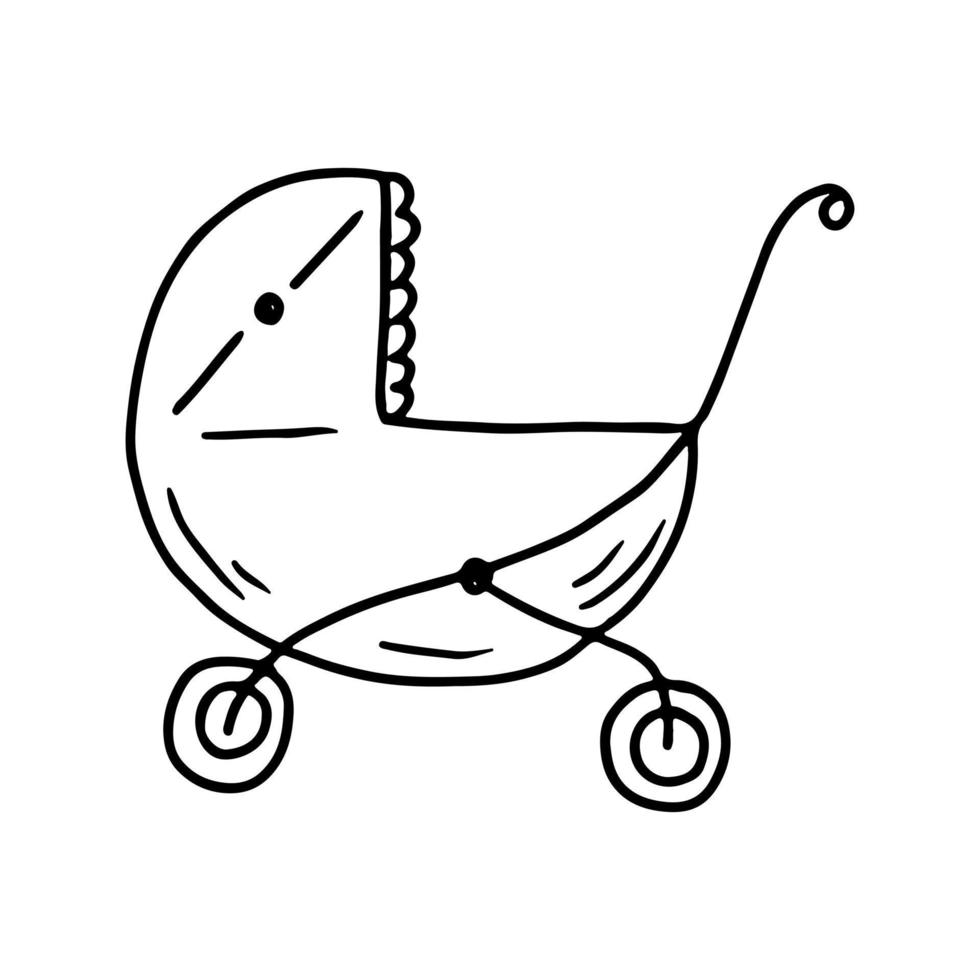 Hand drawn baby stroller in doodle sketch style. Baby element drawn by digital brush-pen. Cute illustration for icon, background, frame design. vector