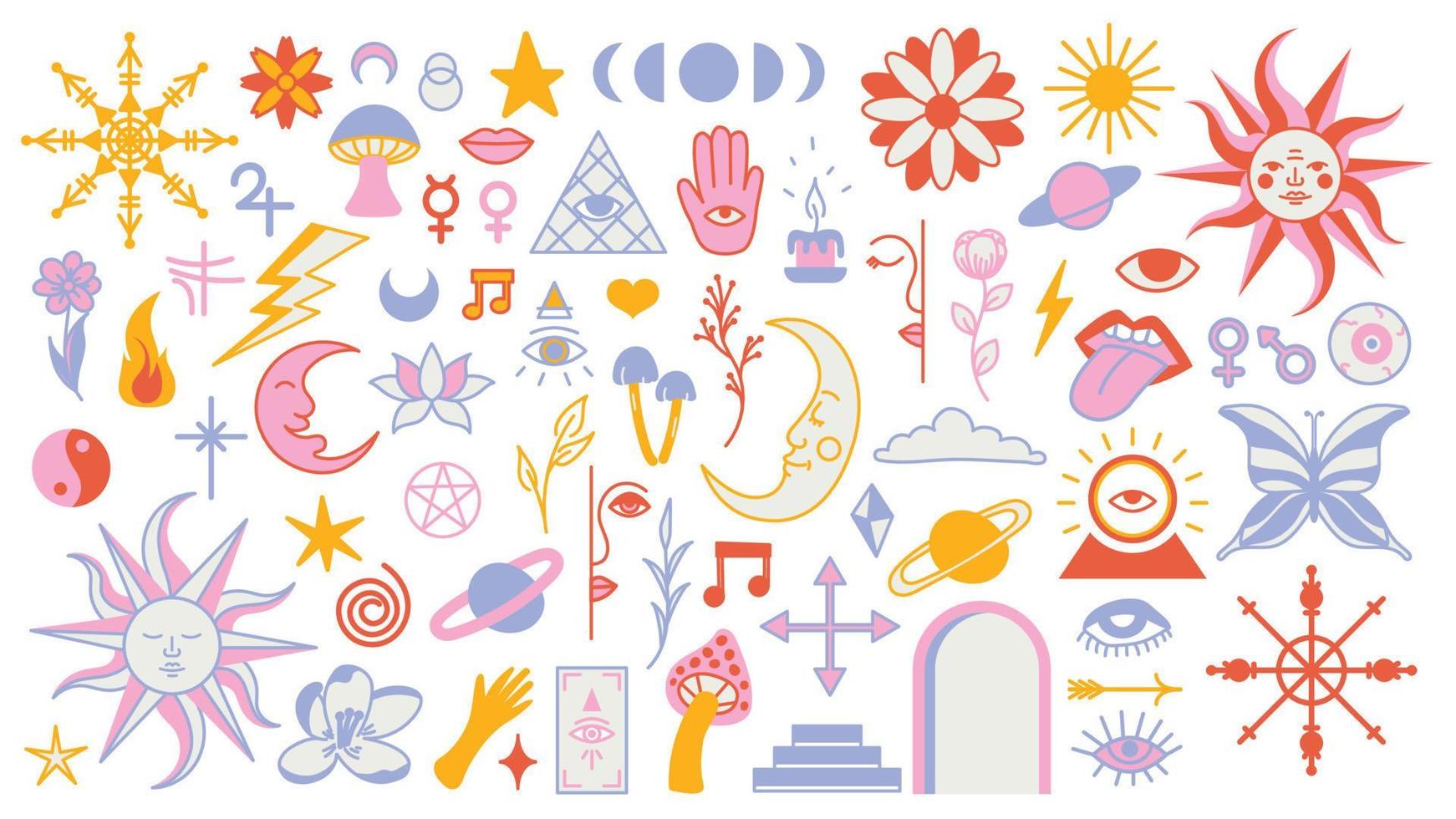 Magic background groovy in retro trend style with clipart elements. mystical vector isolated pattern. editable stroke clipart stickers. Esoteric element witchcraft. Collection of occult symbols y2k